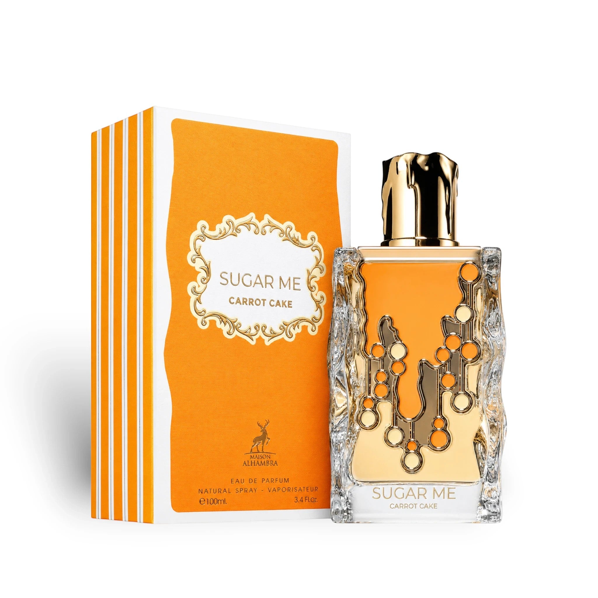 Soghaat Maison Alhambra Sugar Me Carrot Cake Eau de Parfum bottle and orange striped box on a white background.