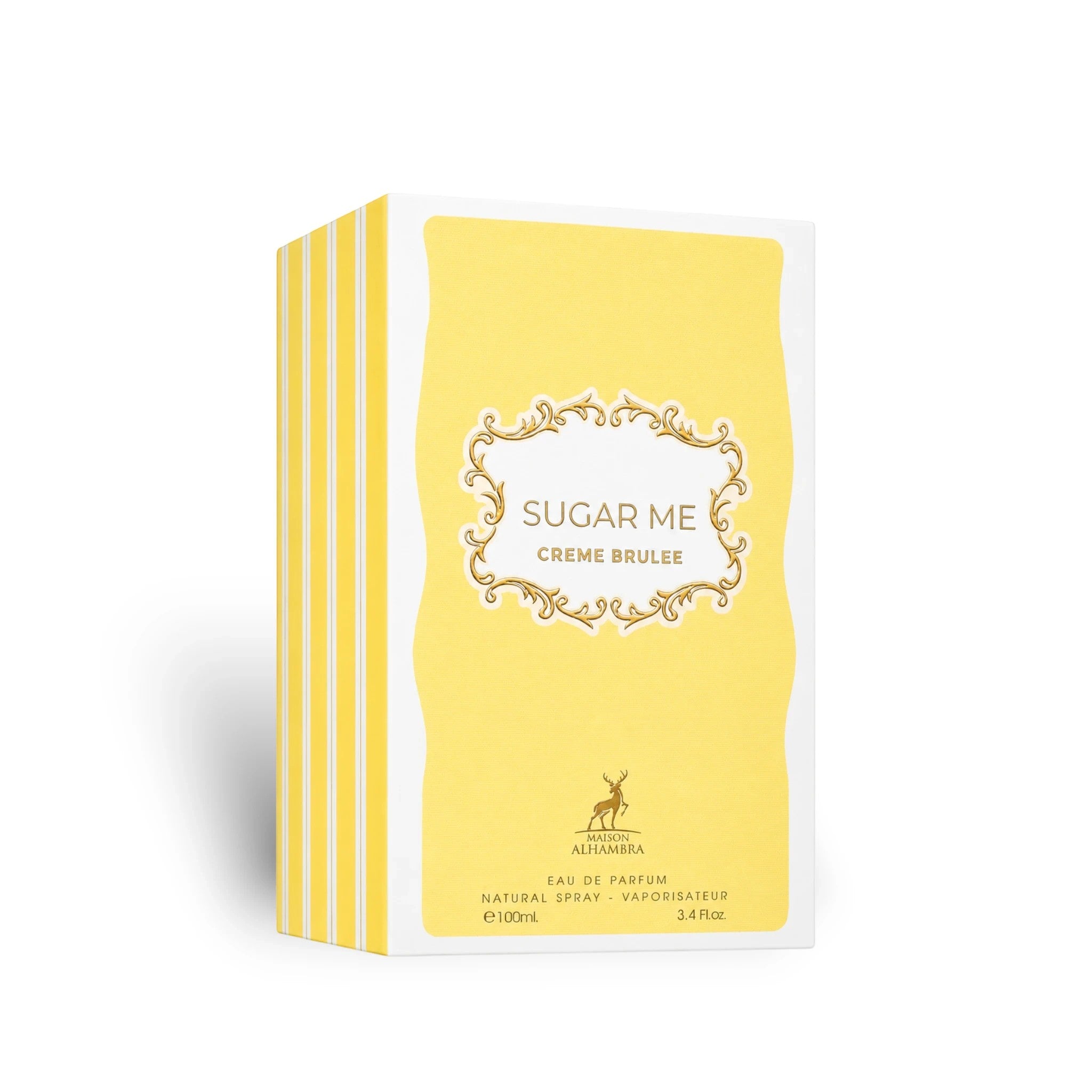 Soghaat Maison Alhambra Sugar Me Creme Brulee Eau de Parfum 100ml perfume box in yellow and white packaging.