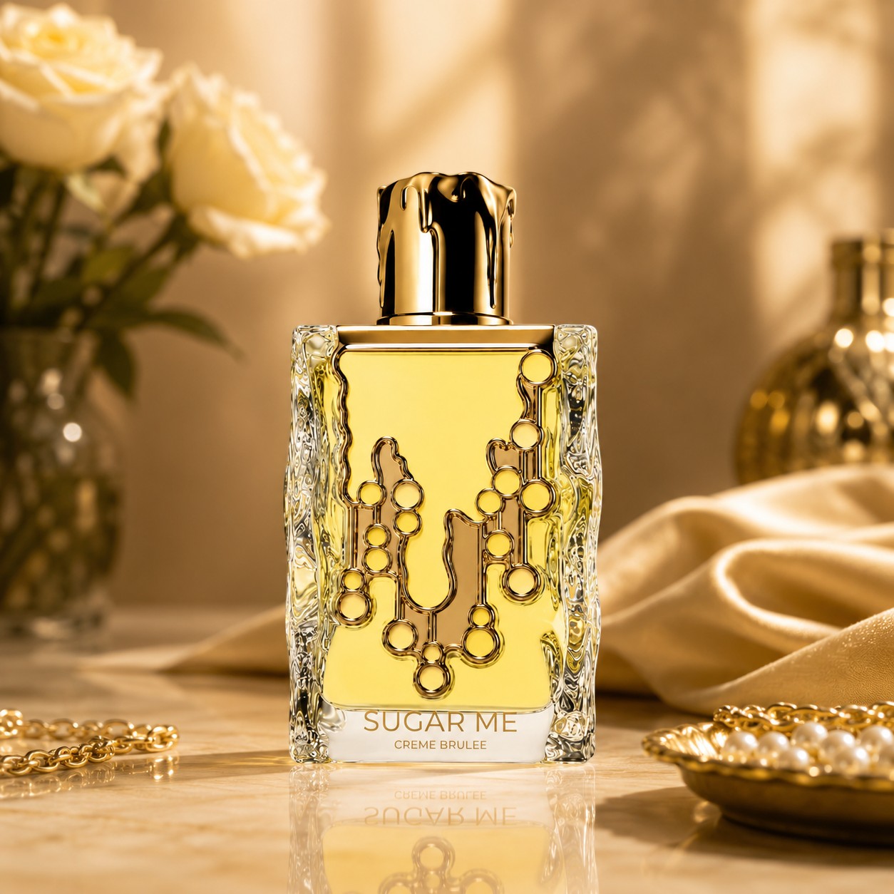 Soghaat Maison Alhambra Sugar Me Creme Brulee Eau de Parfum in a decorative glass bottle with gold accents