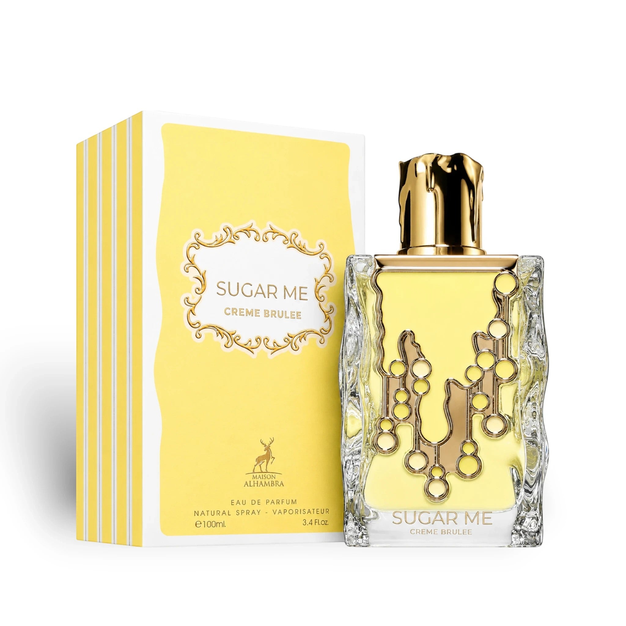 Soghaat Maison Alhambra Sugar Me Creme Brulee Eau de Parfum bottle and yellow box packaging