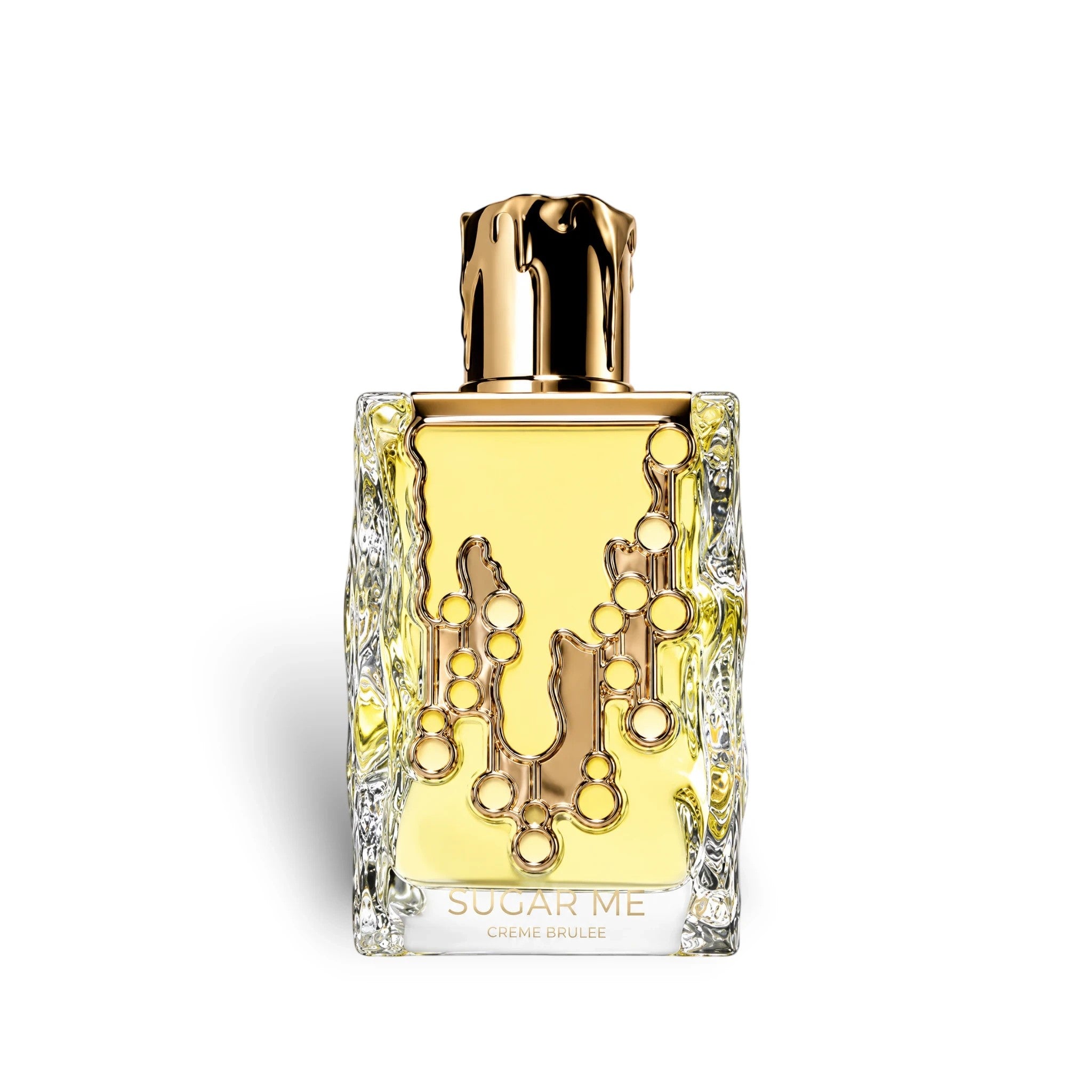 Soghaat Maison Alhambra Sugar Me Creme Brulee Eau de Parfum in a textured glass bottle with a gold drip-effect cap.