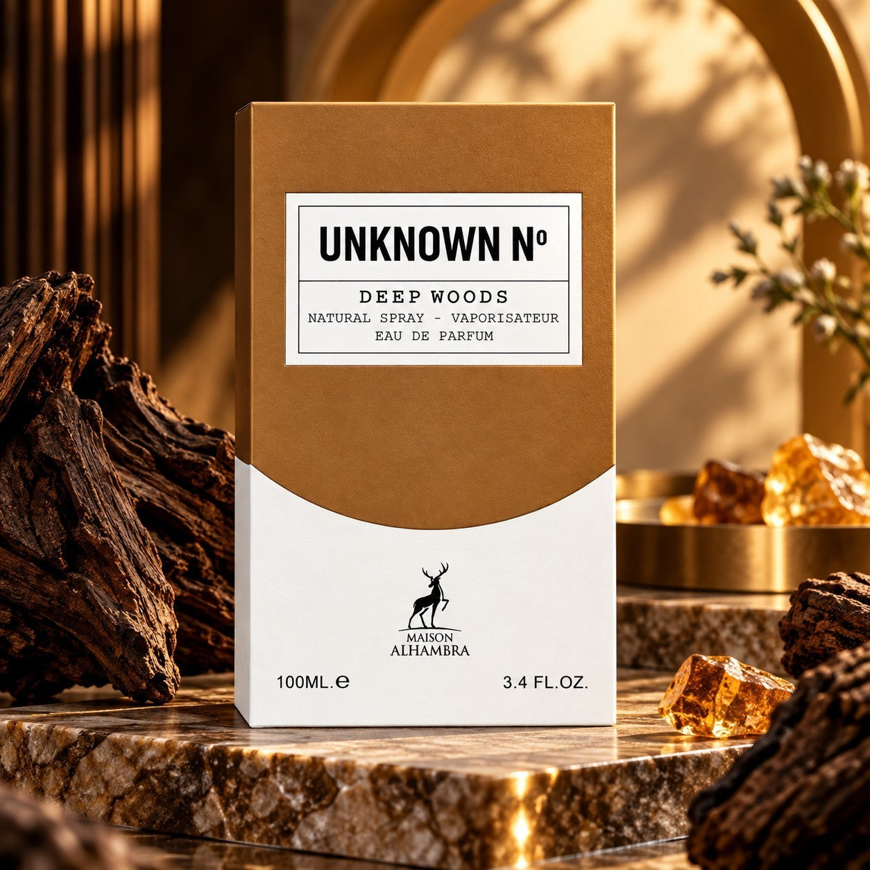 Soghaat Maison Alhambra Unknown N° Deep Woods 100ml Eau de Parfum box on a marble surface with wood and amber accents.