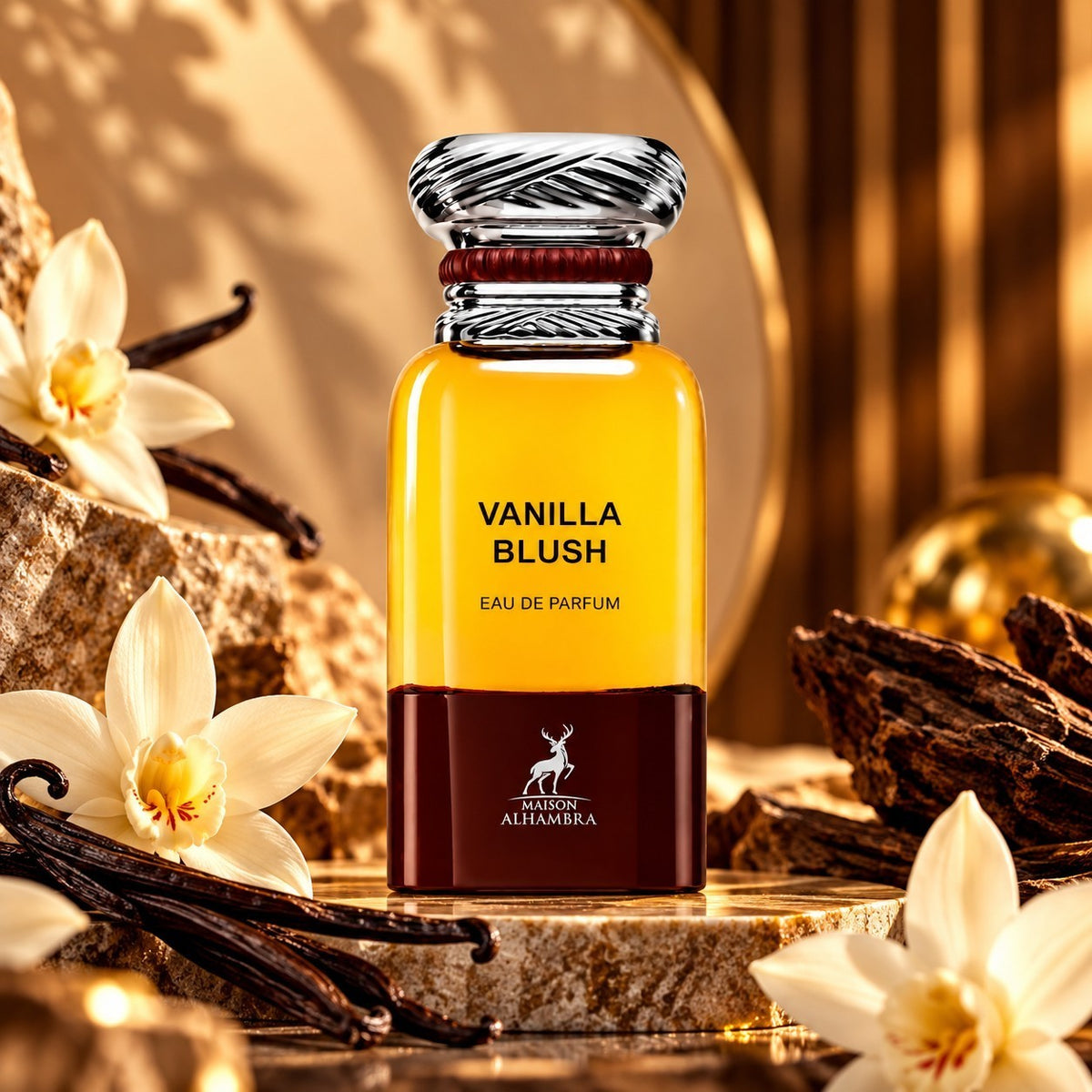 Soghaat Maison Alhambra Vanilla Blush Eau de Parfum bottle surrounded by vanilla flowers and wood on a stone base.