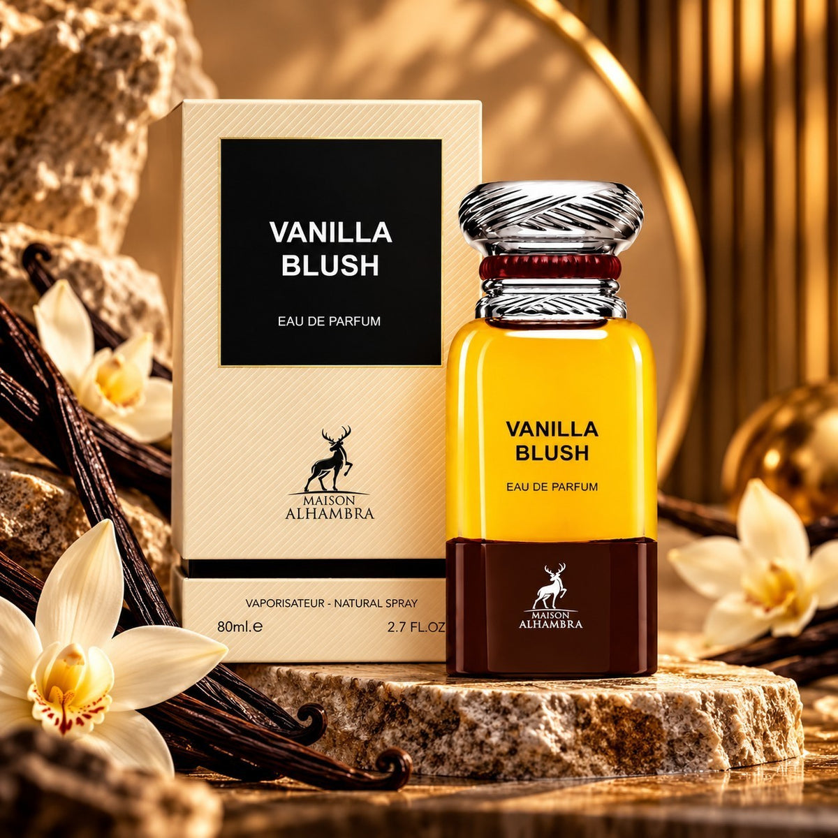 Soghaat Maison Alhambra Vanilla Blush Eau de Parfum bottle and box with vanilla flowers and pods on a stone surface.