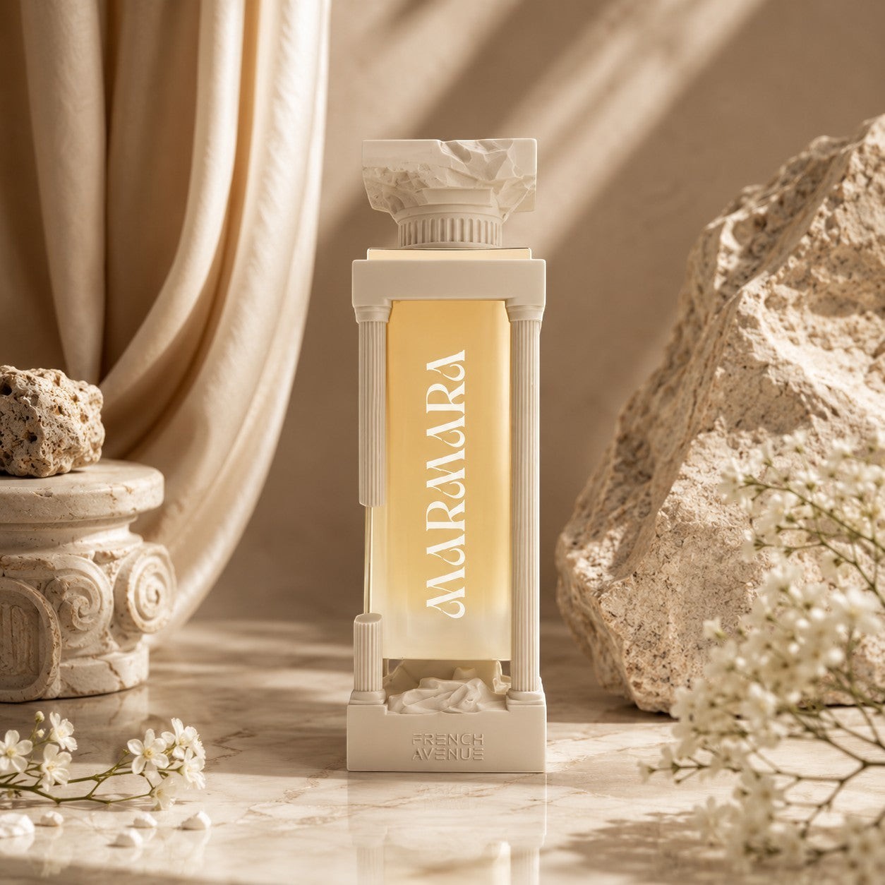 Soghaat Marmara 100ml Extrait de Parfum bottle with a classical column design, featuring a light yellow liquid and white text.
