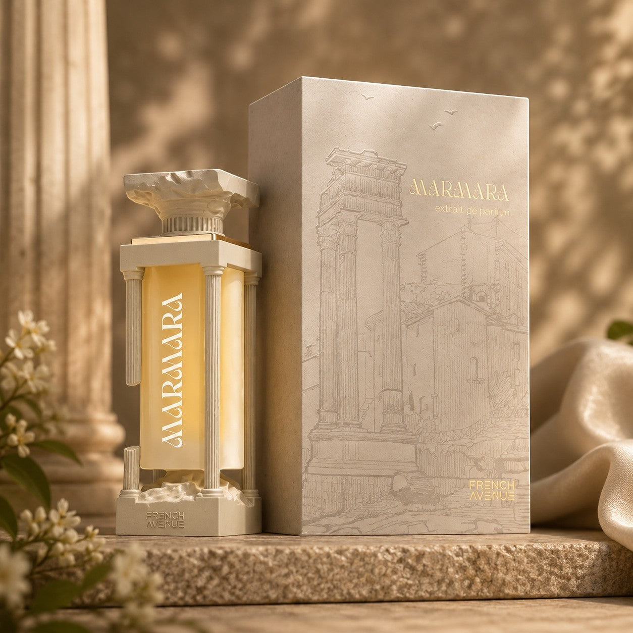 Soghaat Marmara 100ml Extrait de Parfum bottle with a classical column design, featuring a light yellow liquid and gold lettering. The box has a similar architectural motif.