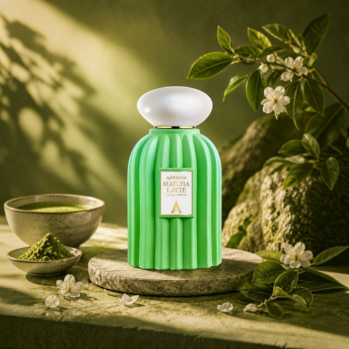 Soghaat Matcha Latte Eau de Parfum bottle in a green fluted design, displayed on a stone pedestal with matcha powder.