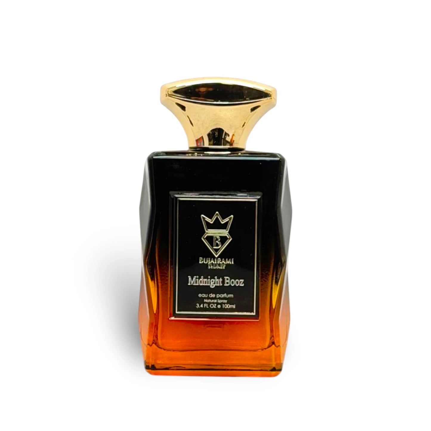 Soghaat Midnight Booz 100ml Eau de Parfum, a unisex amber woody oriental fragrance with a gradient black to orange glass bottle and gold cap.