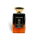 Soghaat Midnight Booz 100ml Eau de Parfum, a unisex amber woody oriental fragrance with a gradient black to orange glass bottle and gold cap.