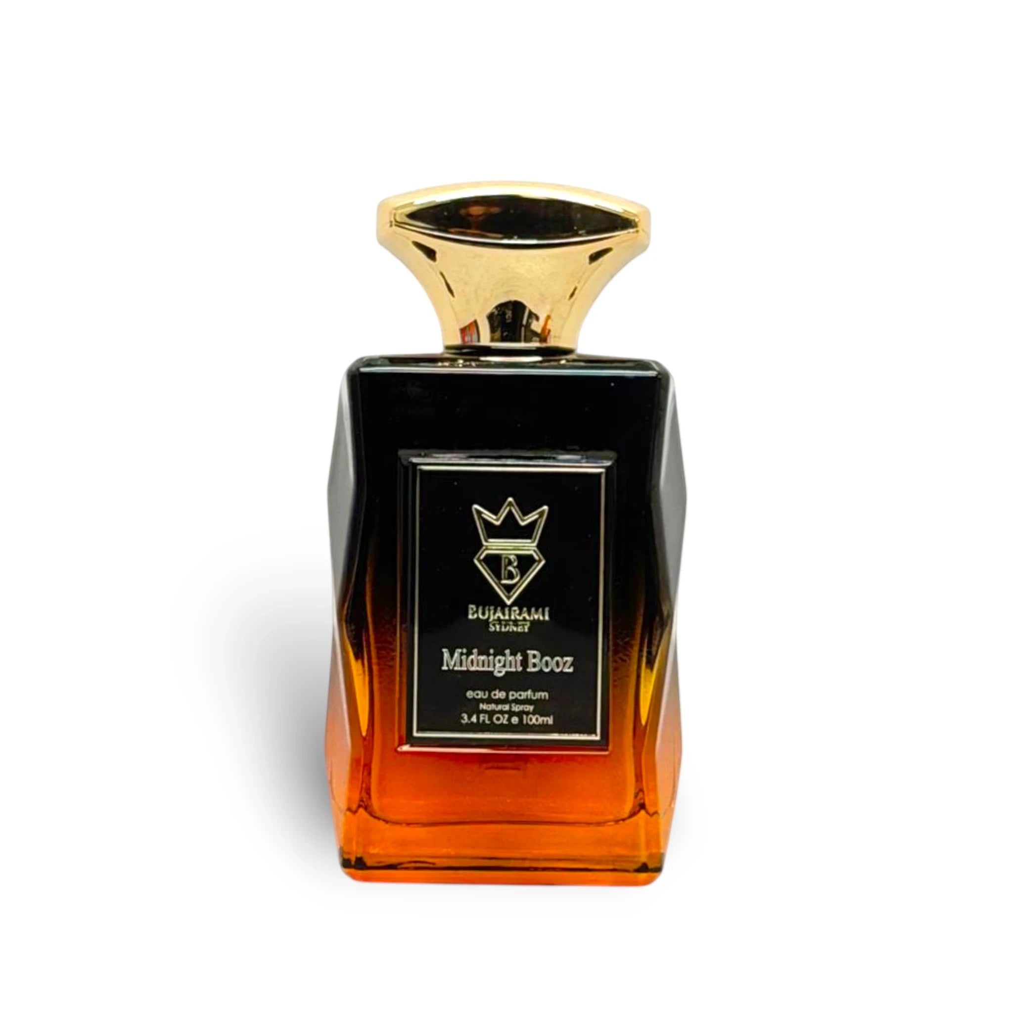 Soghaat Midnight Booz 100ml Eau de Parfum, a unisex amber woody oriental fragrance with a gradient black to orange glass bottle and gold cap.