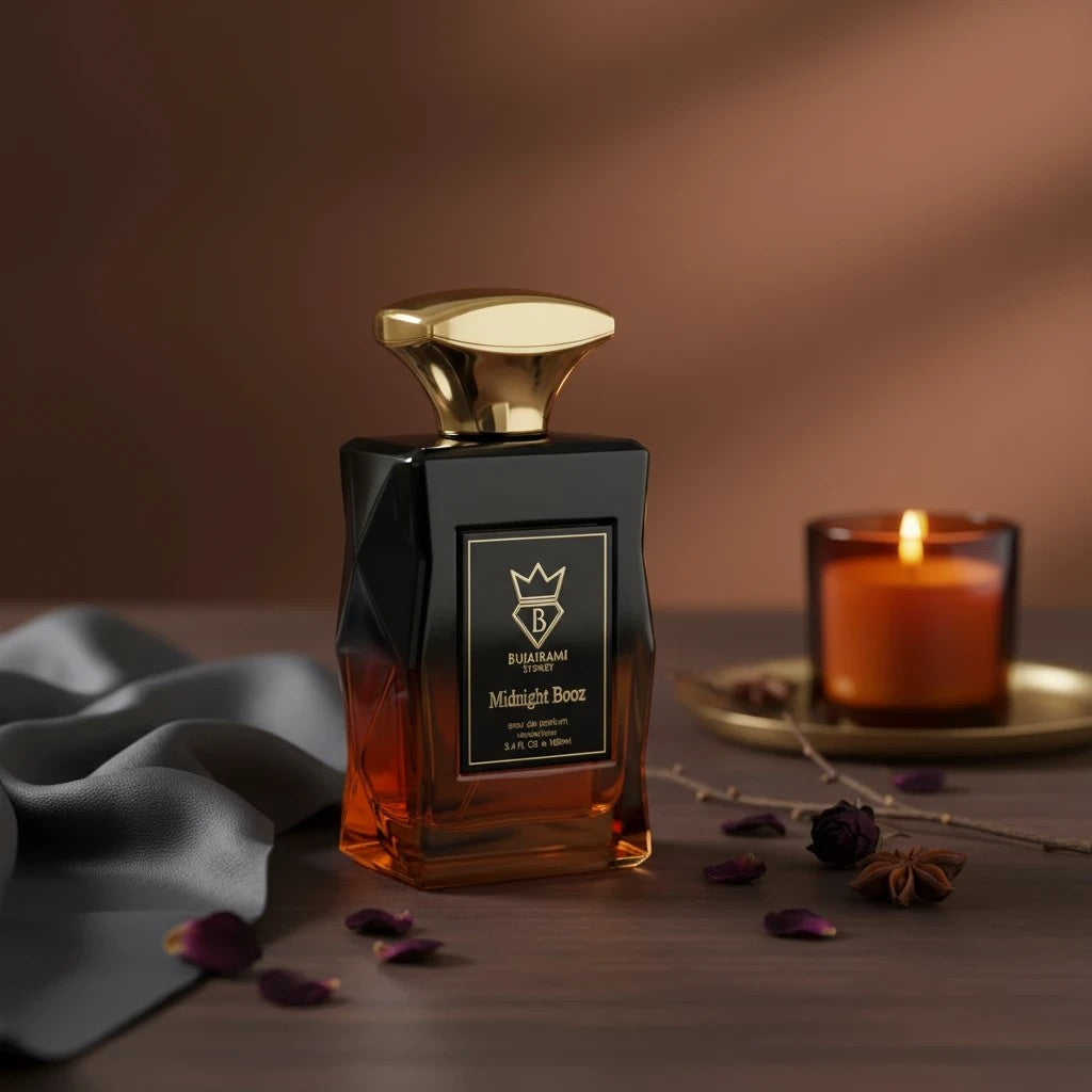 Soghaat Midnight Booz 100ml Eau de Parfum, a unisex amber woody oriental fragrance with a gold cap and black bottle.