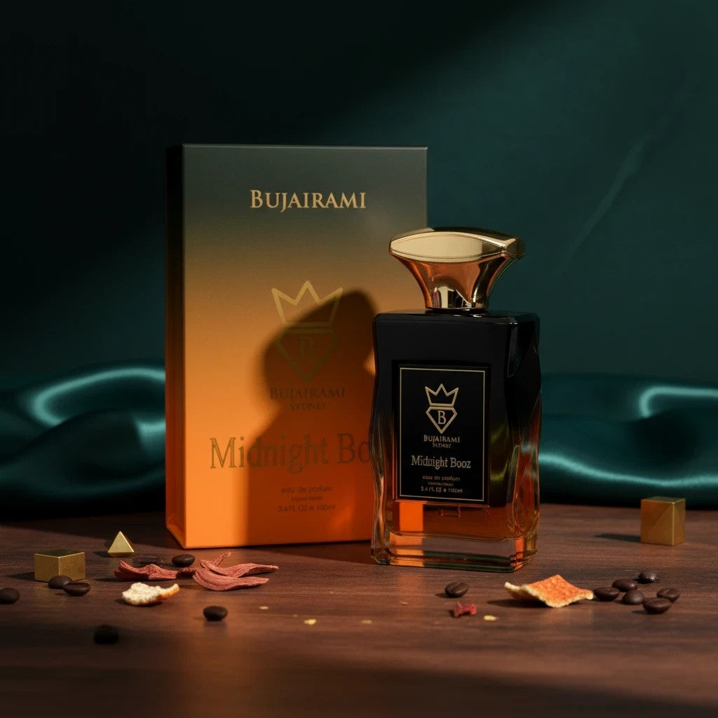 Soghaat Midnight Booz 100ml Eau de Parfum, a unisex amber woody oriental fragrance with a black bottle and gold cap.