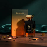 Soghaat Midnight Booz 100ml Eau de Parfum, a unisex amber woody oriental fragrance with a black bottle and gold cap.