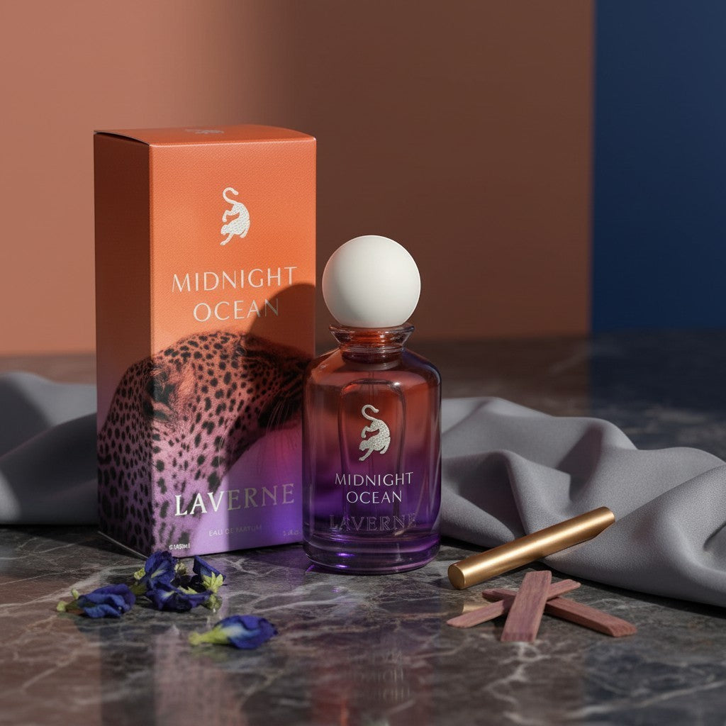 Soghaat Midnight Ocean 100ml Eau de Parfum for men, a woody aromatic fragrance with a gradient bottle and leopard print box.