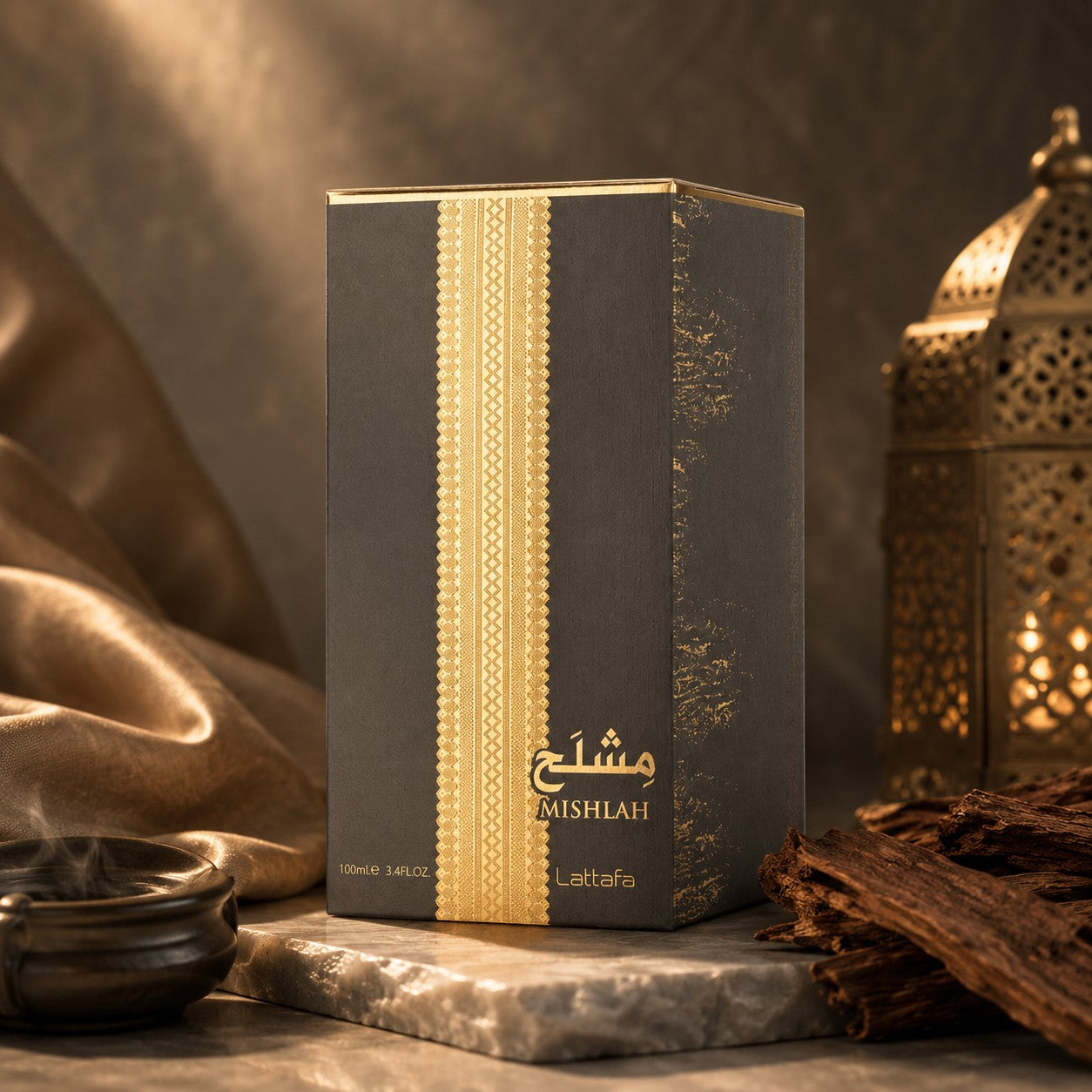 Soghaat Mishlah 100ml Eau de Parfum for Unisex, a floral musk fragrance with gold accents on a dark grey box.