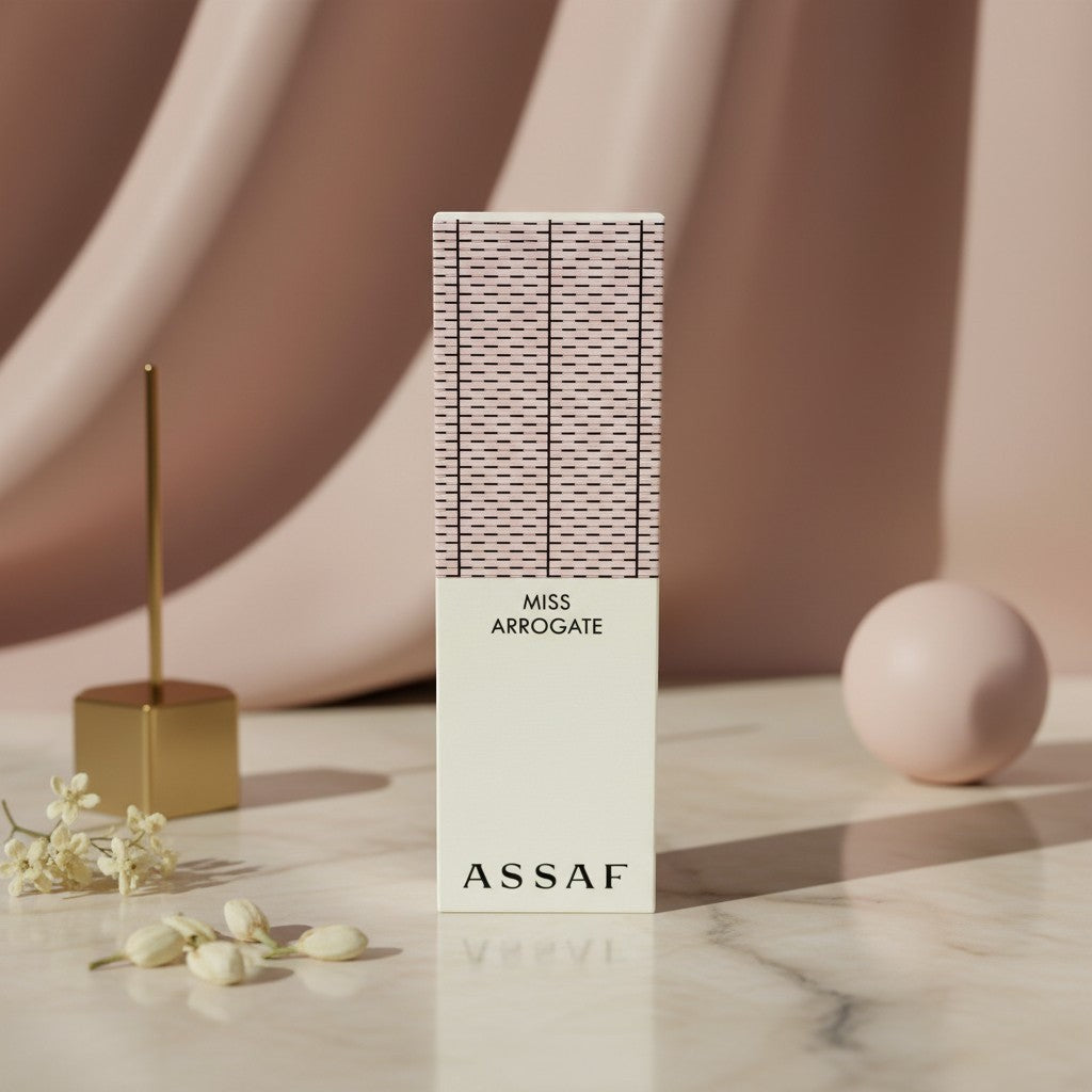 Soghaat Miss Arrogate Eau de Parfum bottle with a cream base and a pink and black patterned cap. Fresh woody aromatic scent.