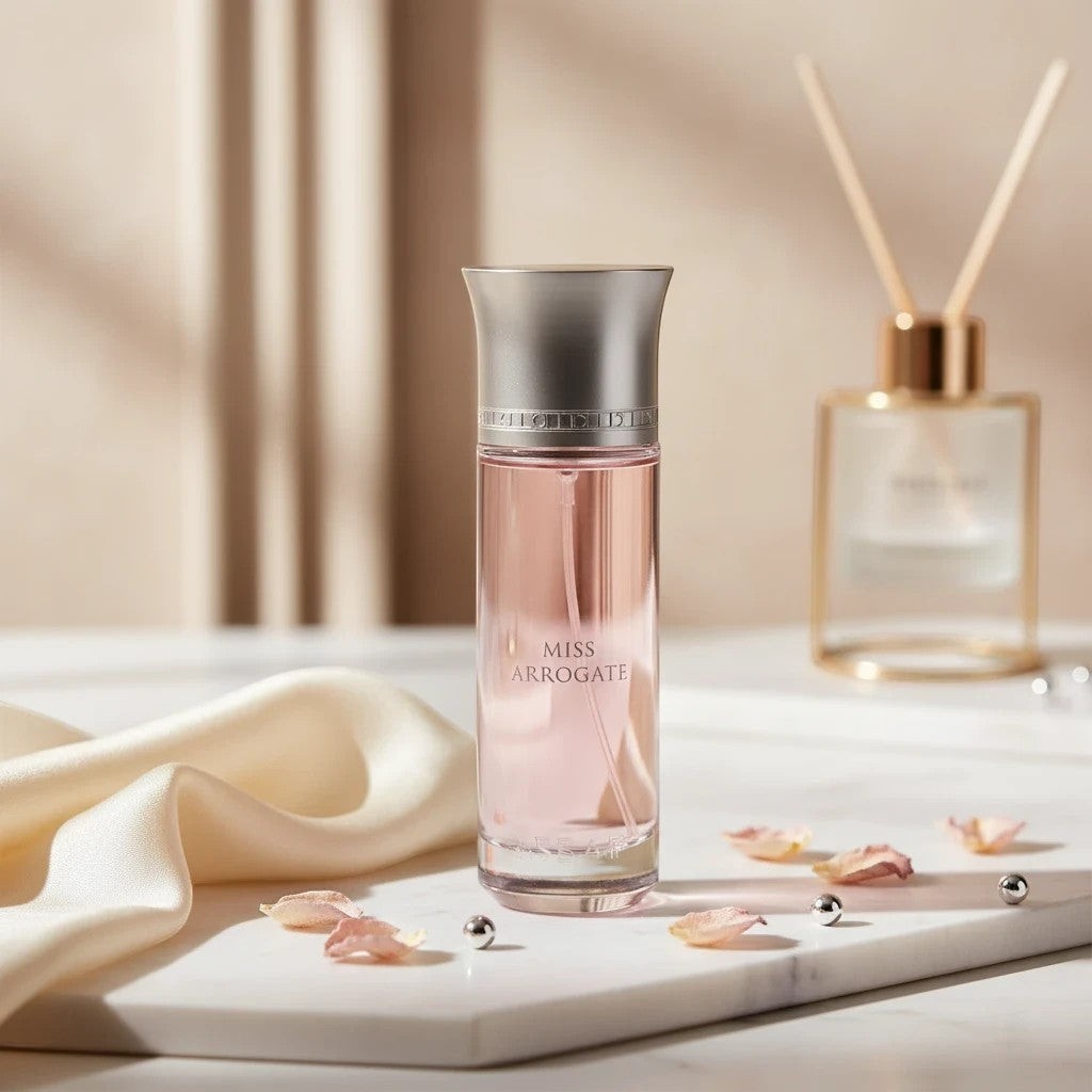 Soghaat Miss Arrogate 200ml Eau de Parfum, a fresh woody aromatic fragrance for women with a pink hue.