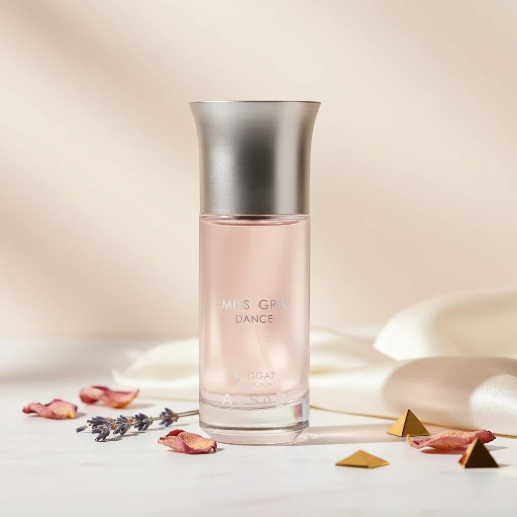 Soghaat Miss Gris Dance 150ml Eau de Parfum for women, a fruity floral woody fragrance with hazelnut, saffron, pear, jasmine, rose, sandalwood, incense and vanilla.