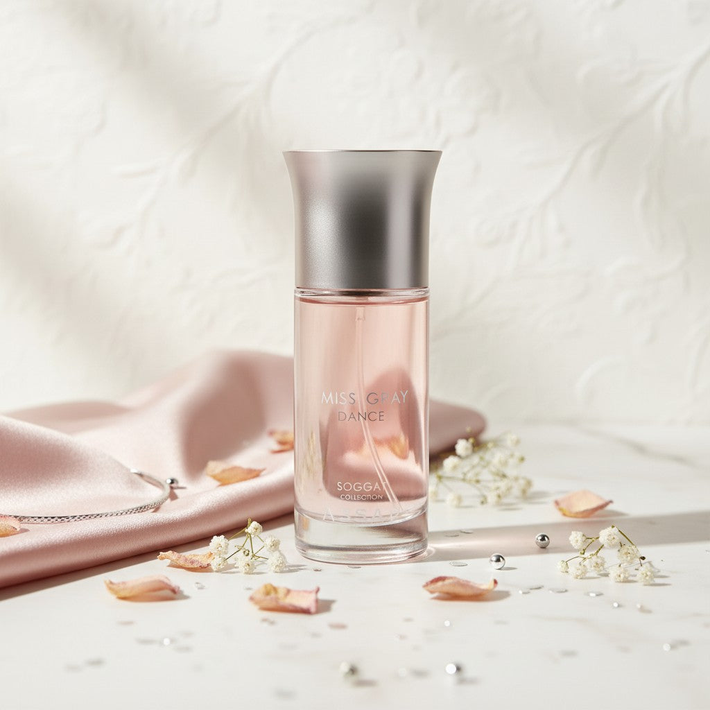 Soghaat Miss Gris Dance 150ml Eau de Parfum for women, a fruity floral woody fragrance with hazelnut, saffron, pear, jasmine, rose, sandalwood, incense and vanilla.