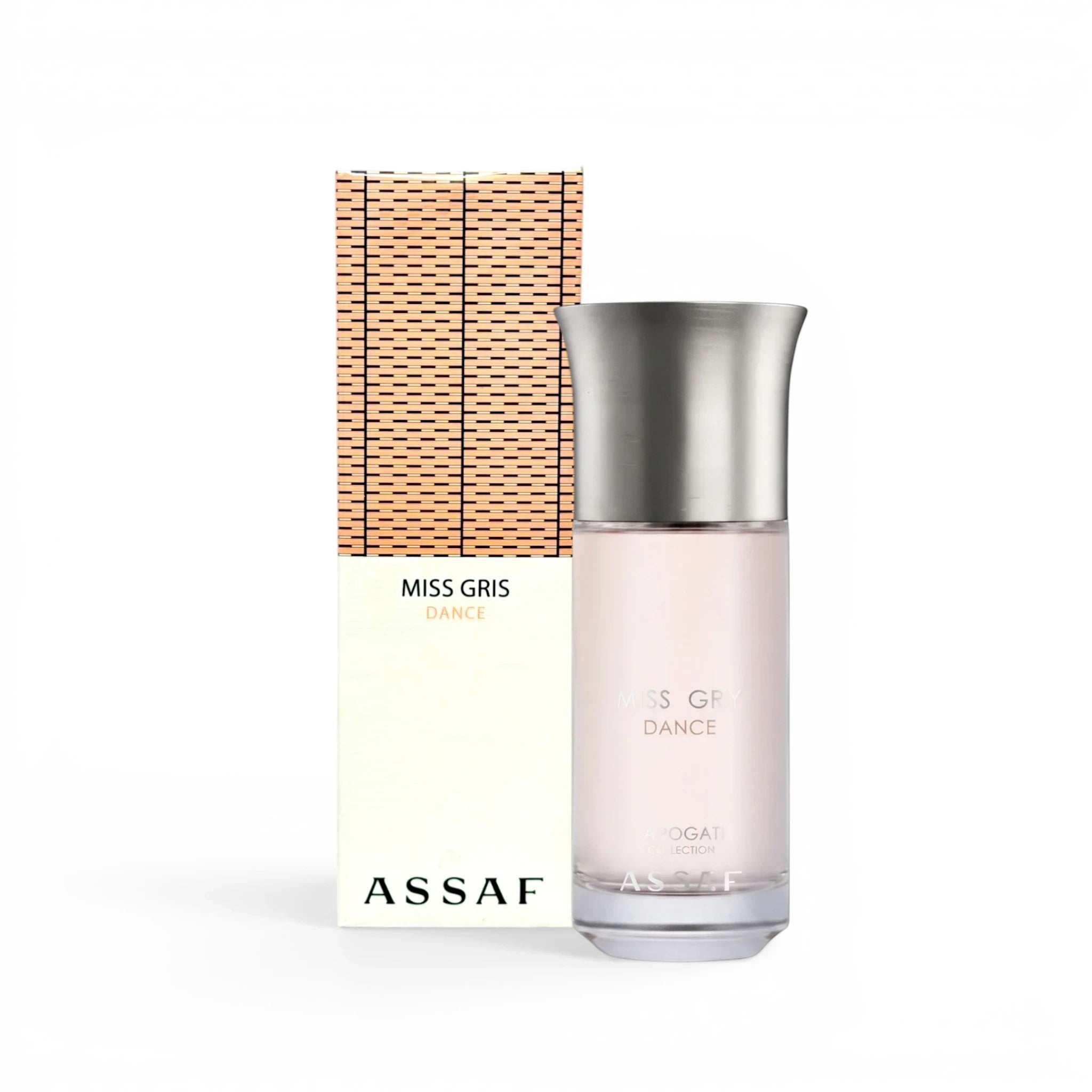 Soghaat Miss Gris Dance 150ml Eau de Parfum for women, a fruity floral woody fragrance with hazelnut, saffron, pear, jasmine, rose, sandalwood, incense, and vanilla.