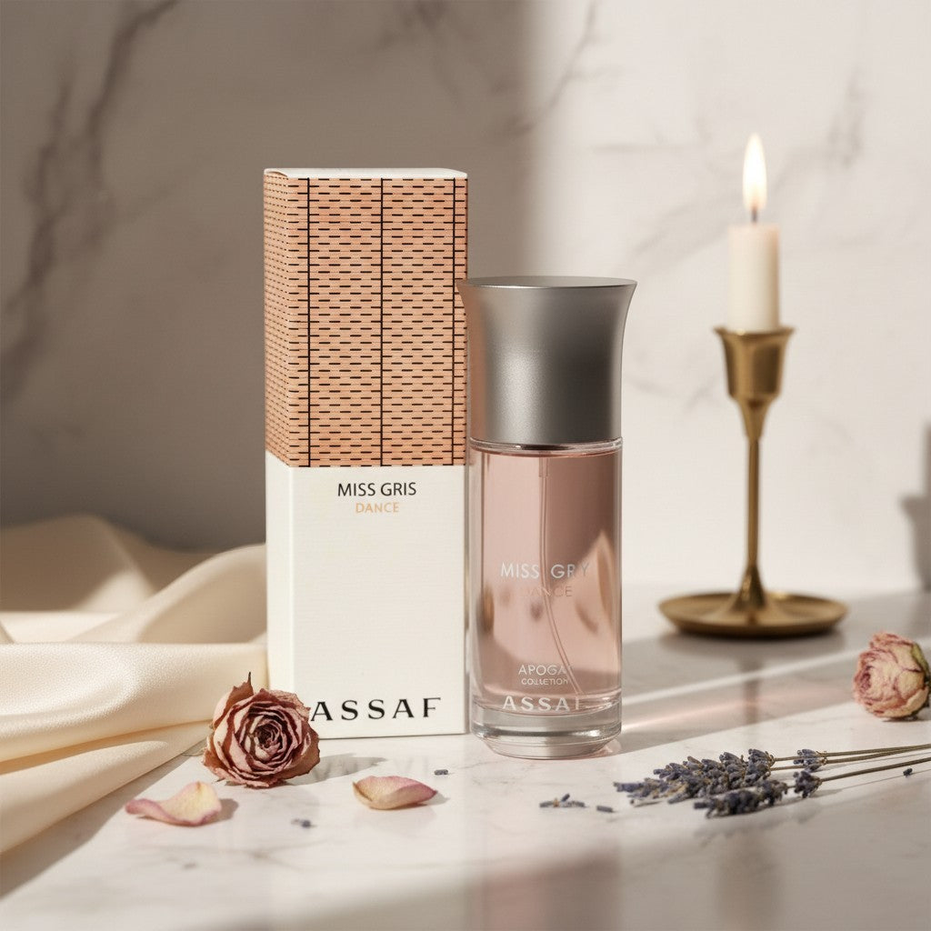 Soghaat Miss Gris Dance 150ml Eau de Parfum for women, a fruity floral woody fragrance with hazelnut, saffron, pear, jasmine, rose, sandalwood, incense, and vanilla.