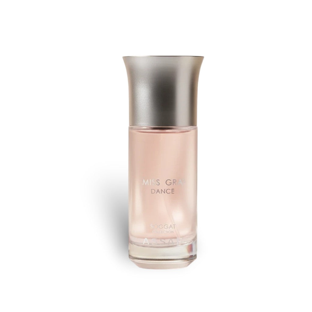 Soghaat Miss Gris Dance 150ml Eau de Parfum for women, a fruity floral woody fragrance with hazelnut, saffron, pear, jasmine, rose, sandalwood, incense and vanilla.