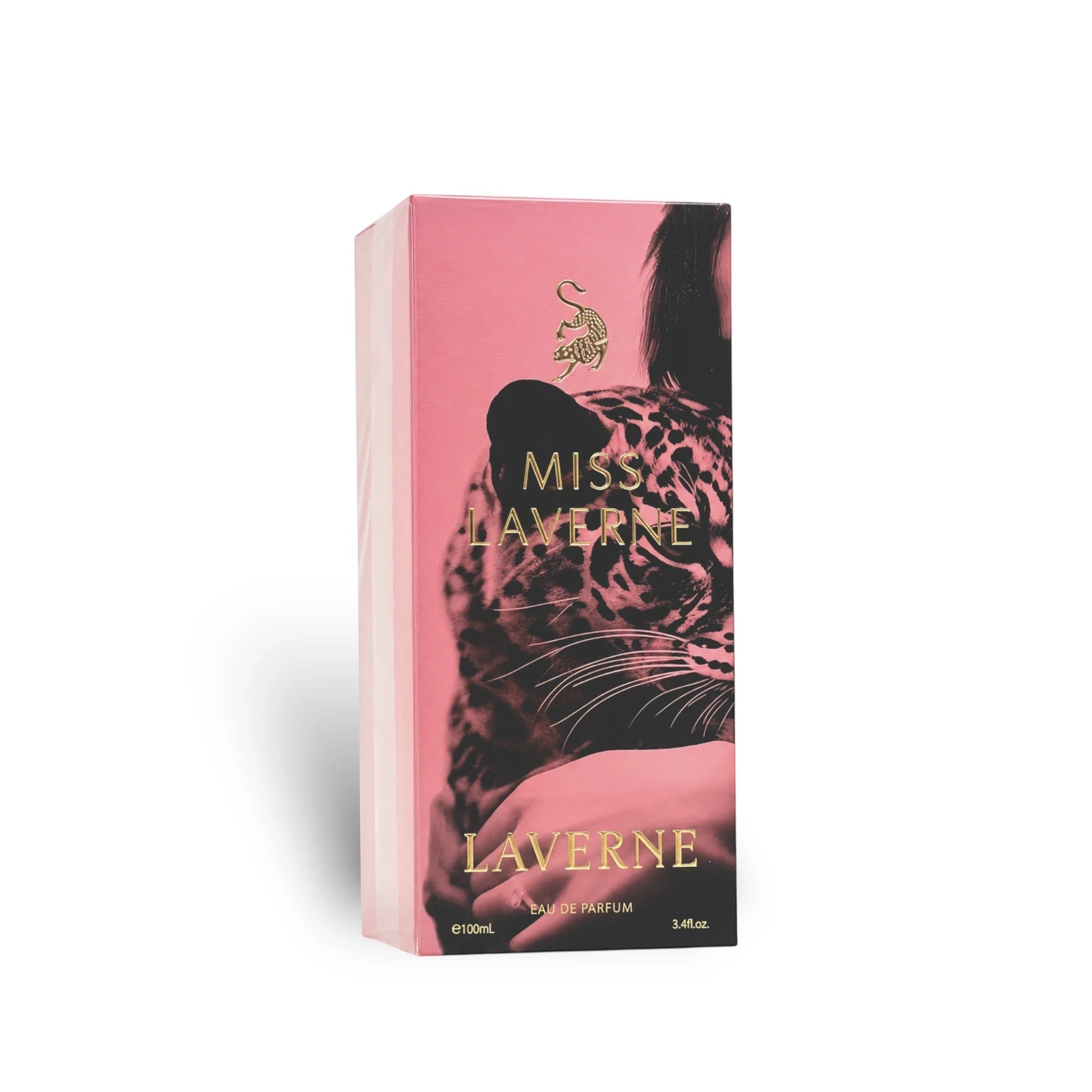 Soghaat Miss Laverne 100ml Eau de Parfum box featuring a pink background with a leopard illustration and gold lettering.