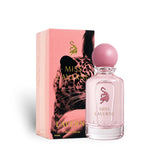 Soghaat Miss Laverne 100ml Eau de Parfum in a pink bottle with a round cap, next to its matching leopard-print box.