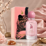 Soghaat Miss Laverne 100ml Eau de Parfum bottle and pink box featuring a leopard graphic, set on a marble surface.