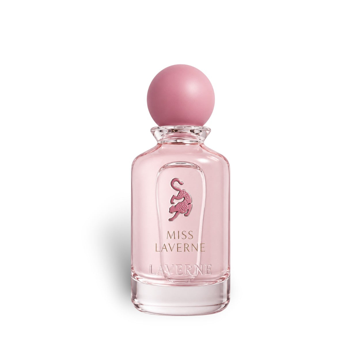 Soghaat Miss Laverne 100ml Eau de Parfum in a clear glass bottle with a pink spherical cap and panther logo.