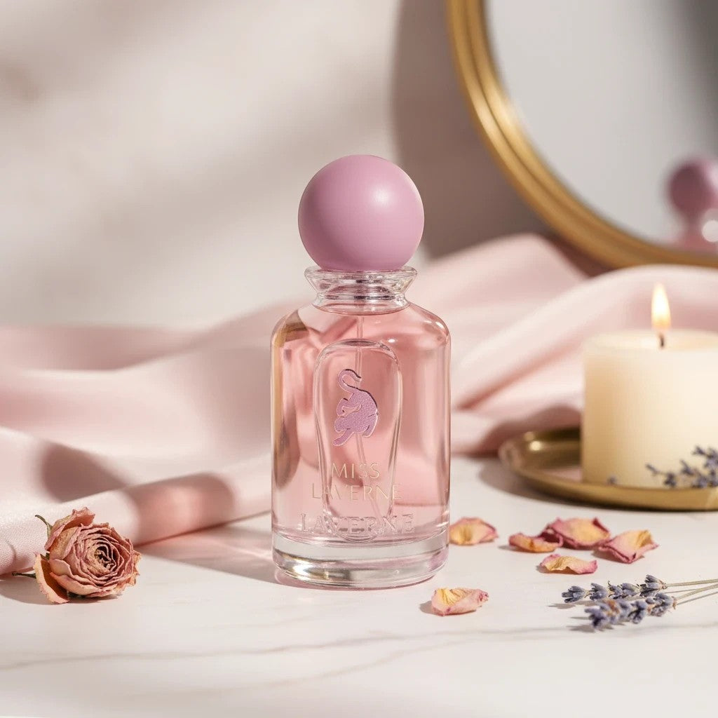 Soghaat Miss Laverne Eau de Parfum, a soft sweet musk fragrance for women with a pink hue, presented in a clear glass bottle with a lavender cap.