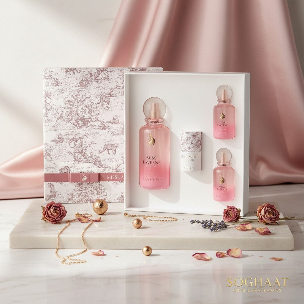 Soghaat Miss Laverne Extreme Perfume Gift Set for women, includes 150ml perfume, 25ml perfume, 25ml hair perfume, and pink scarf. Pink gradient bottles.
