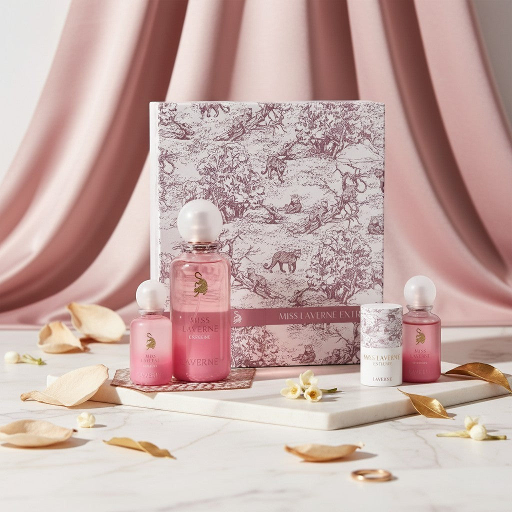 Soghaat Miss Laverne Extreme Perfume Gift Set for women, includes 150ml & 25ml perfumes, 25ml hair perfume, and pink scarf. Pink bottles with gold logo.