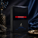 Soghaat Moondrift Blue Intense Eau de Parfum by Maison Alhambra in a sleek black box on a dark marble surface.