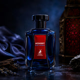 Soghaat Moondrift Blue Intense Eau de Parfum by Maison Alhambra in a deep blue glass bottle with a red label.