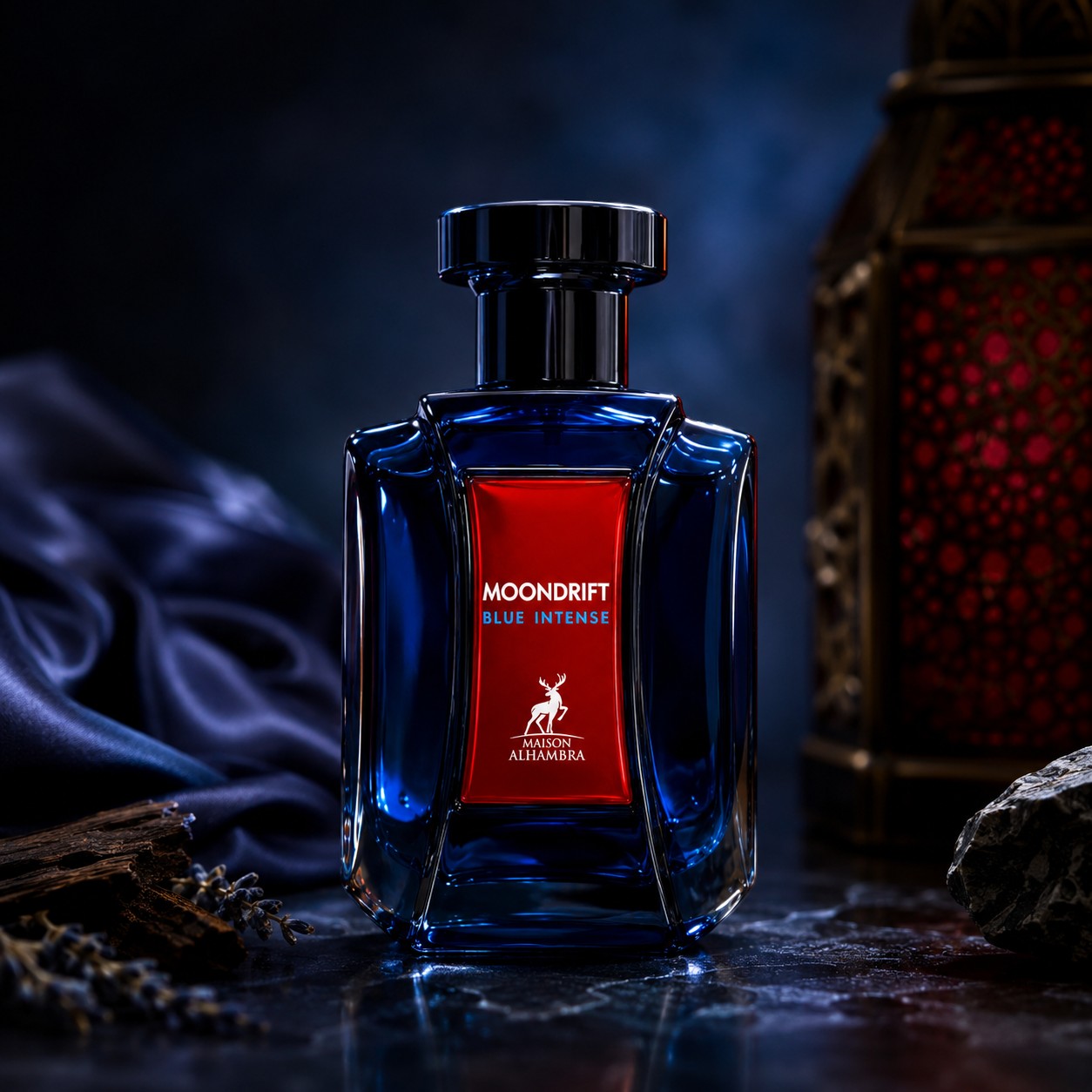 Soghaat Moondrift Blue Intense Eau de Parfum by Maison Alhambra in a deep blue glass bottle with a red label.