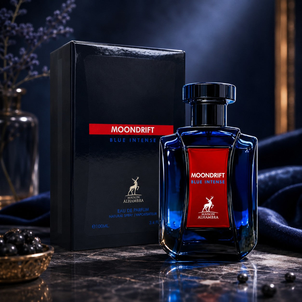 Soghaat Moondrift Blue Intense Eau de Parfum for men in a deep blue glass bottle with a matching black gift box.