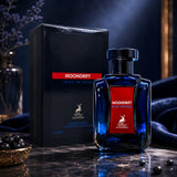 Soghaat Moondrift Blue Intense Eau de Parfum for men in a deep blue glass bottle with a matching black gift box.