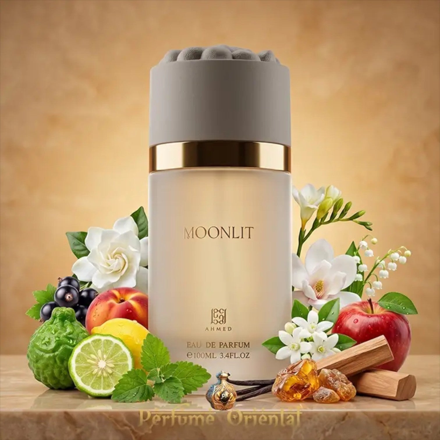 Moonlit 100ml Extrait de Parfum by Ahmed Al Maghribi with citrus fruits, flowers and wood accents.