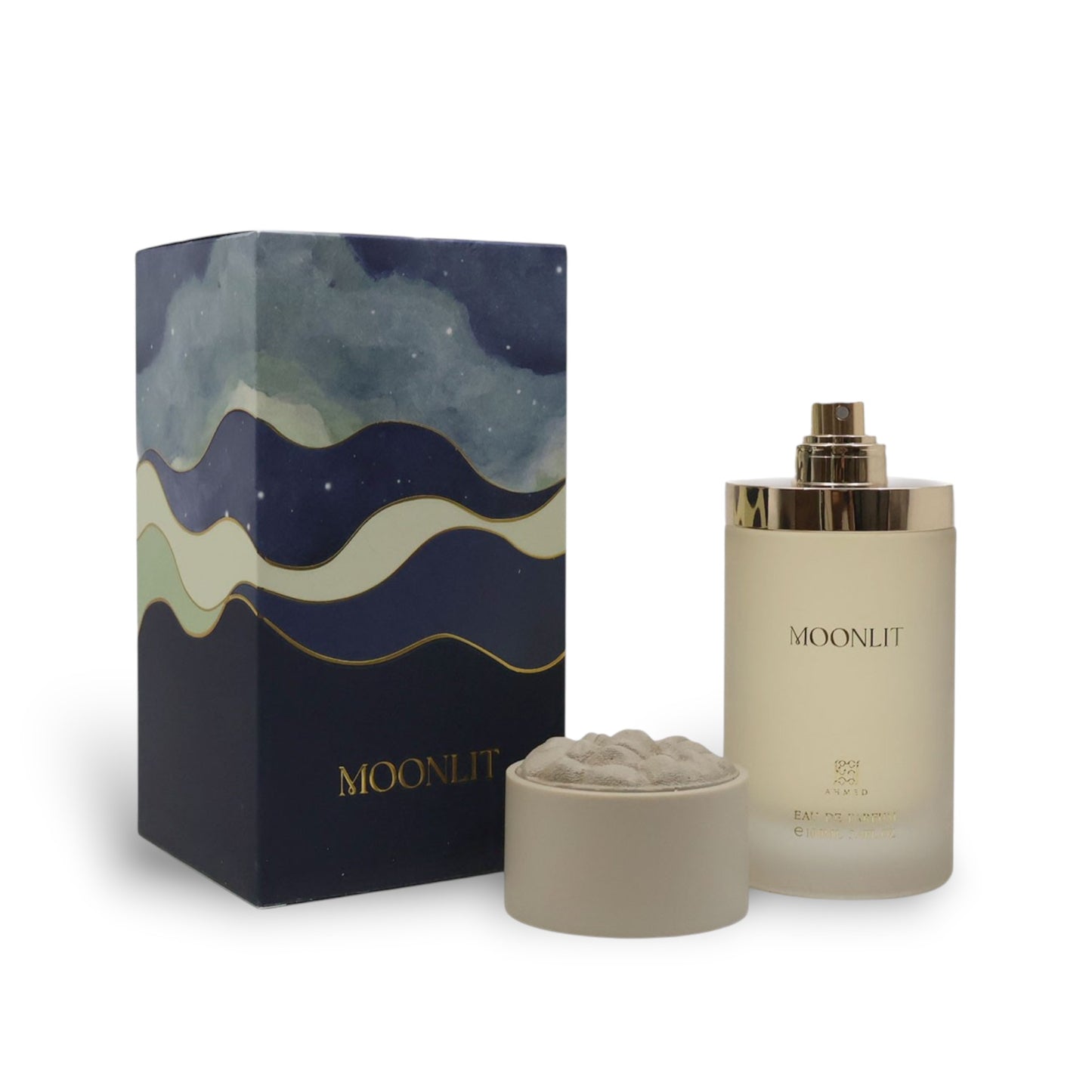 Moonlit 100ml Extrait de Parfum by Ahmed Al Maghribi bottle and celestial-themed box for women.