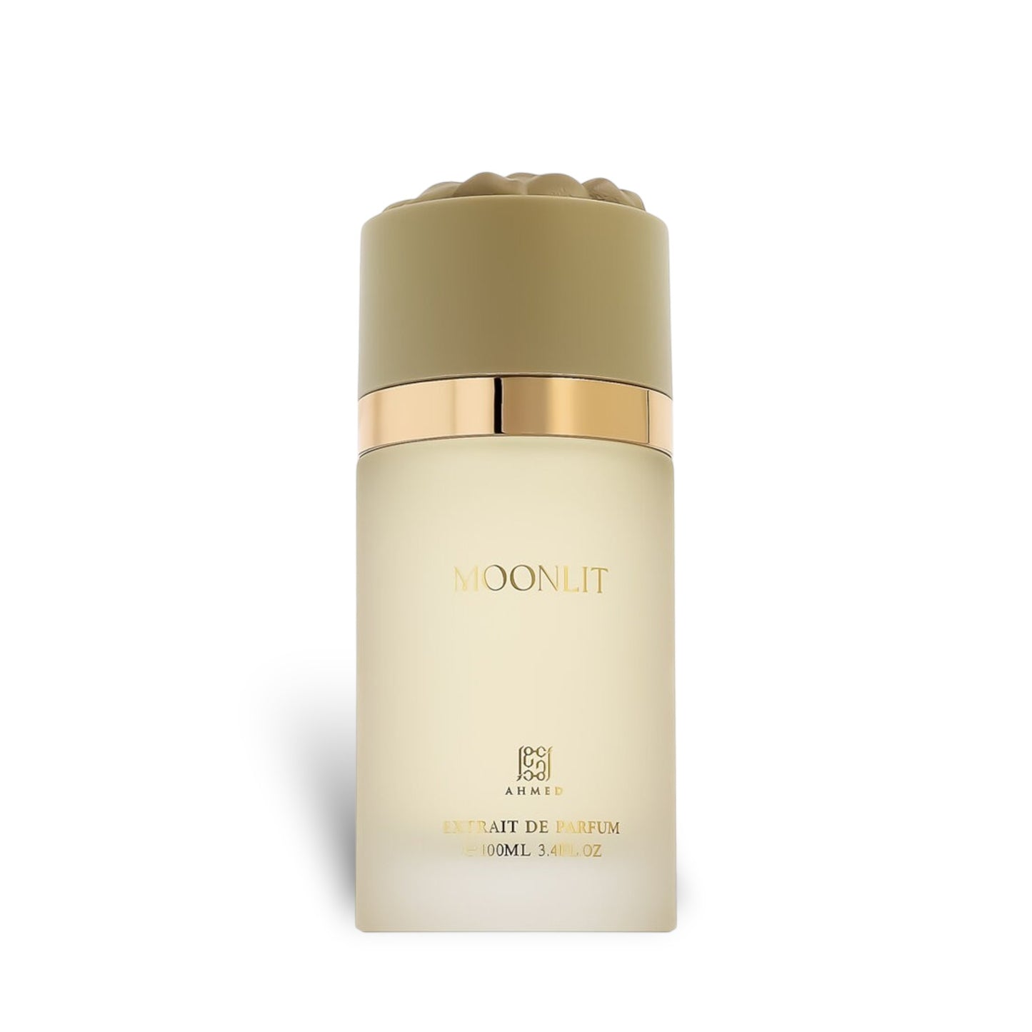 Moonlit Extrait de Parfum by Ahmed Al Maghribi women’s floral fruity musk fragrance bottle close up.