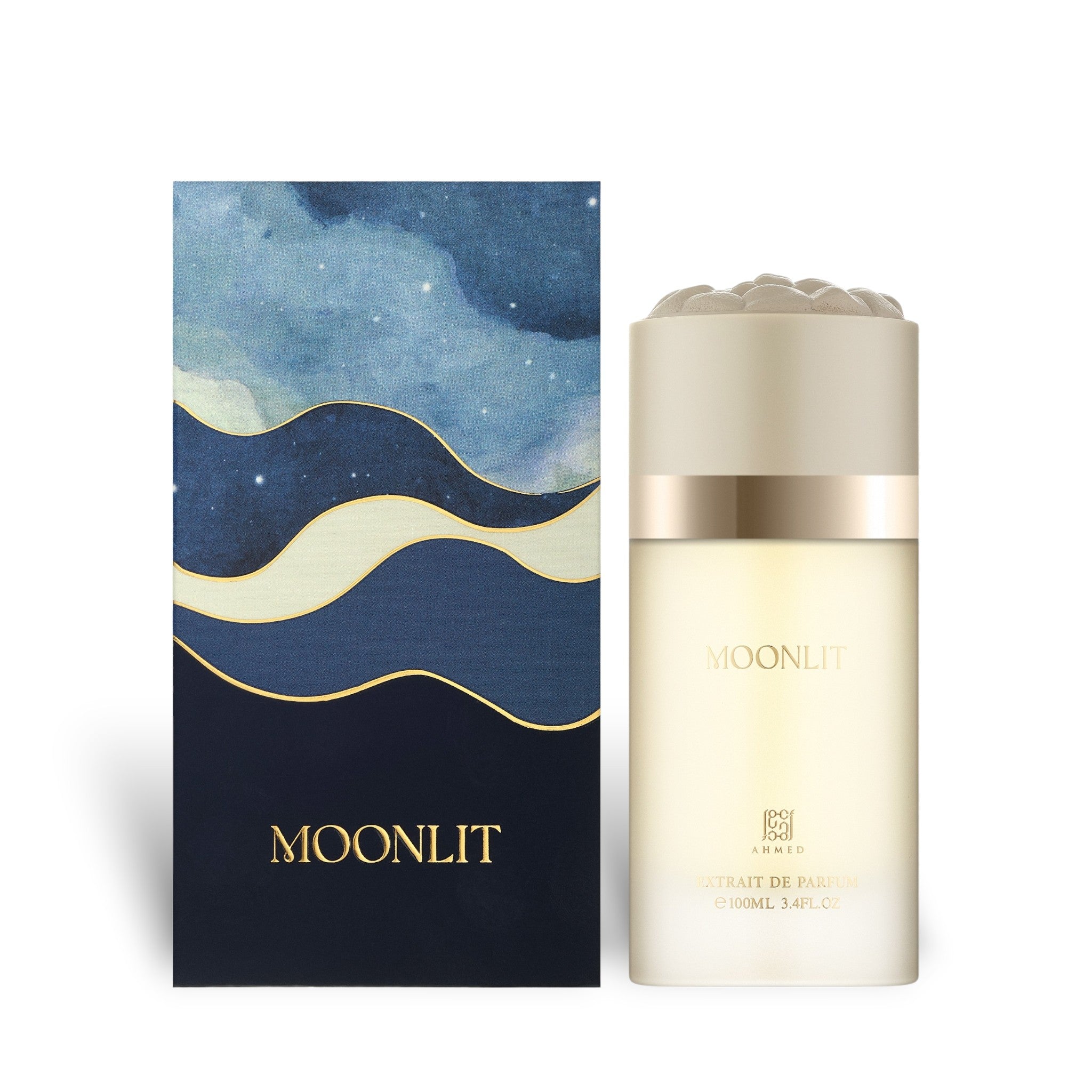 Moonlit 100ml Extrait de Parfum by Ahmed Al Maghribi women’s Arabian fragrance bottle and box.