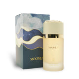 Moonlit 100ml Extrait de Parfum by Ahmed Al Maghribi women’s floral fruity musk fragrance bottle and box.