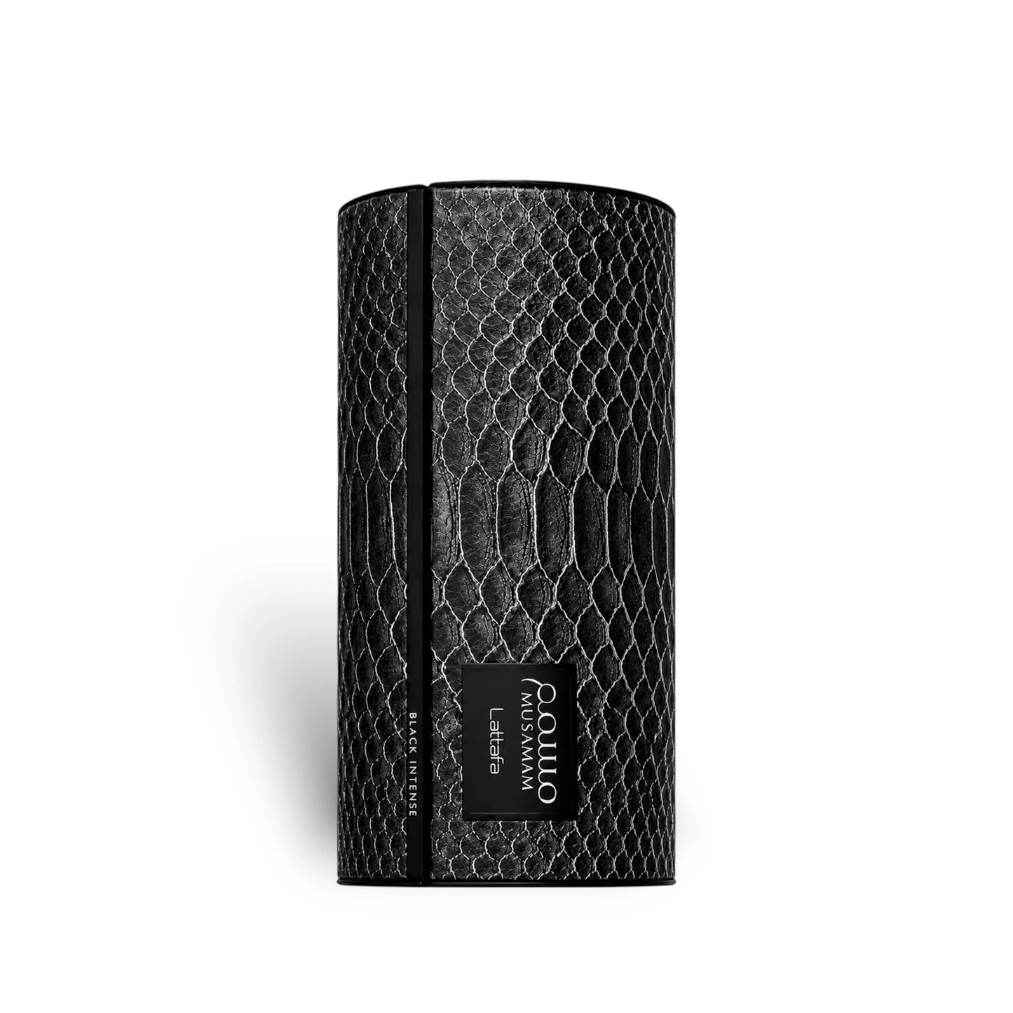 Soghaat Lattafa Musamam Black Intense Eau de Parfum in a cylindrical black bottle with a textured snakeskin-style finish.