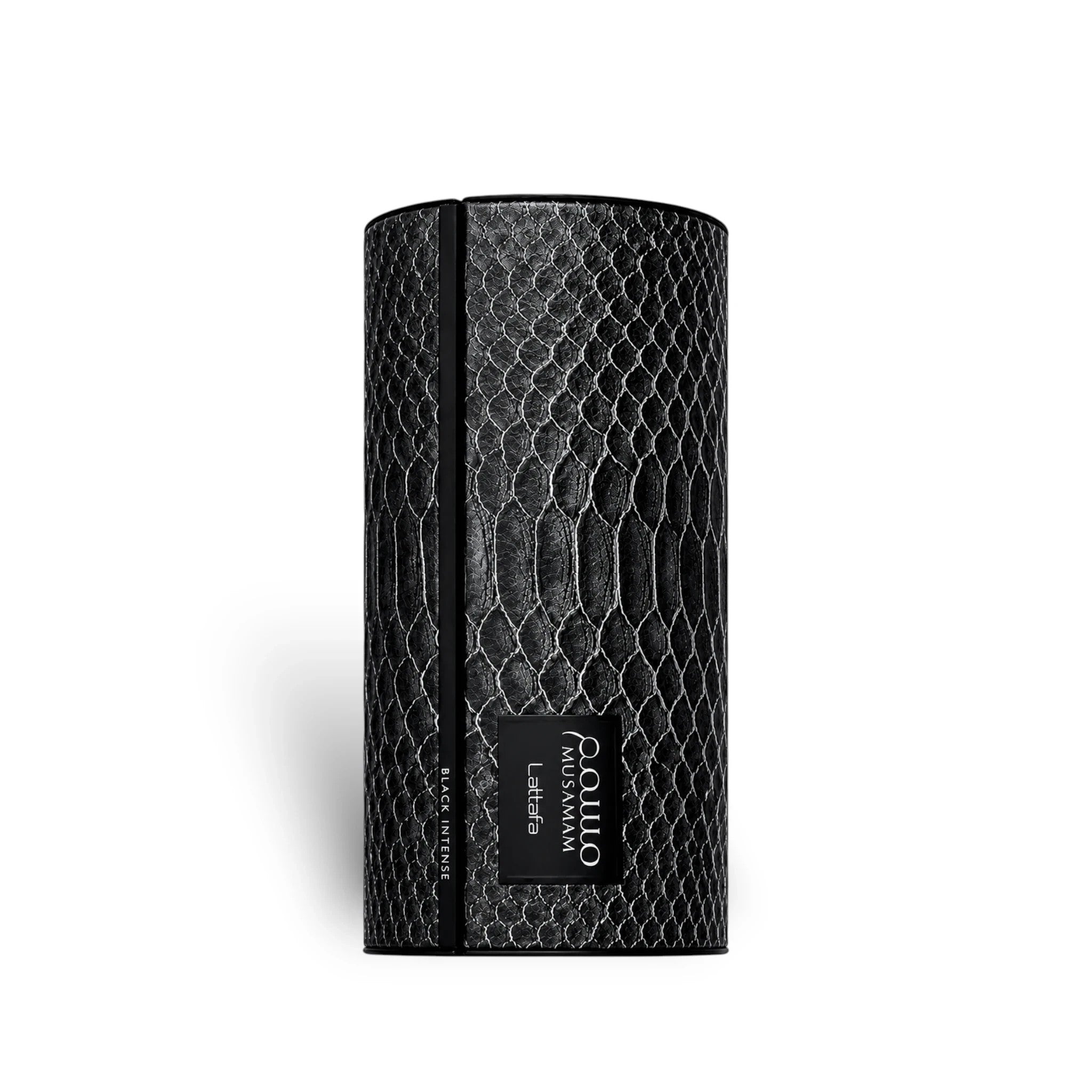 Soghaat Lattafa Musamam Black Intense Eau de Parfum in a cylindrical black bottle with a textured snakeskin-style finish.