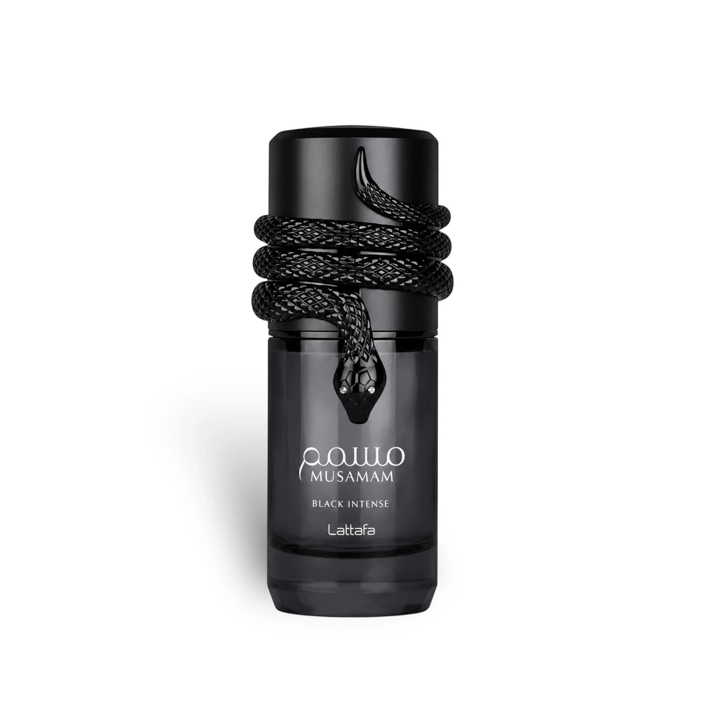Soghaat Lattafa Musamam Black Intense Eau de Parfum in a sleek black bottle with a coiled snake design.