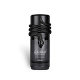 Soghaat Lattafa Musamam Black Intense Eau de Parfum in a sleek black bottle with a coiled snake design.