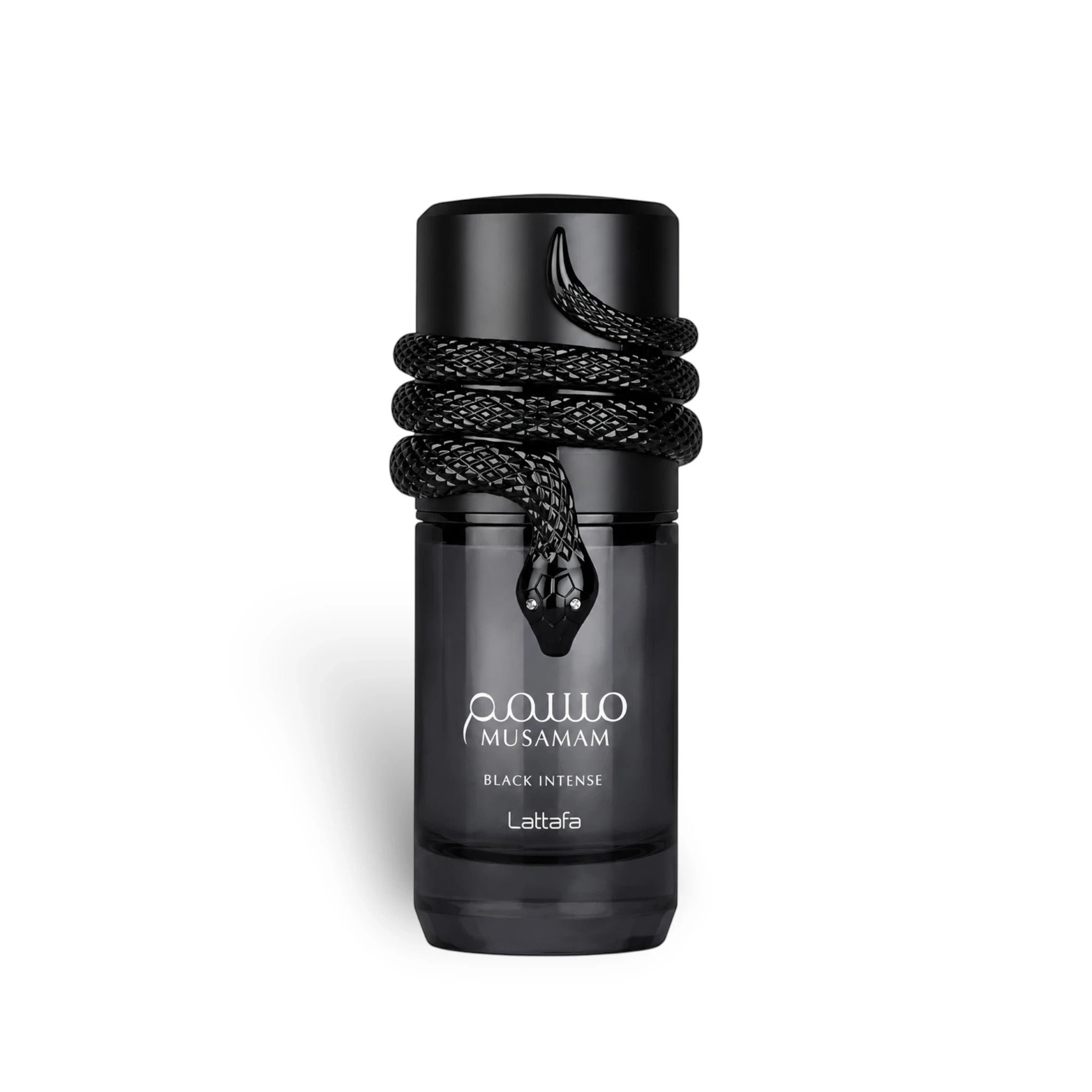 Soghaat Lattafa Musamam Black Intense Eau de Parfum in a sleek black bottle with a coiled snake design.