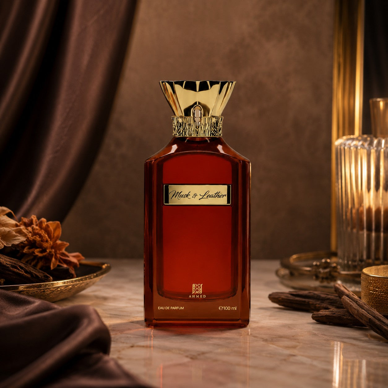 Soghaat Ahmed Al Maghribi Musk And Leather 100ml Eau de Parfum in a sleek amber bottle with a gold cap.