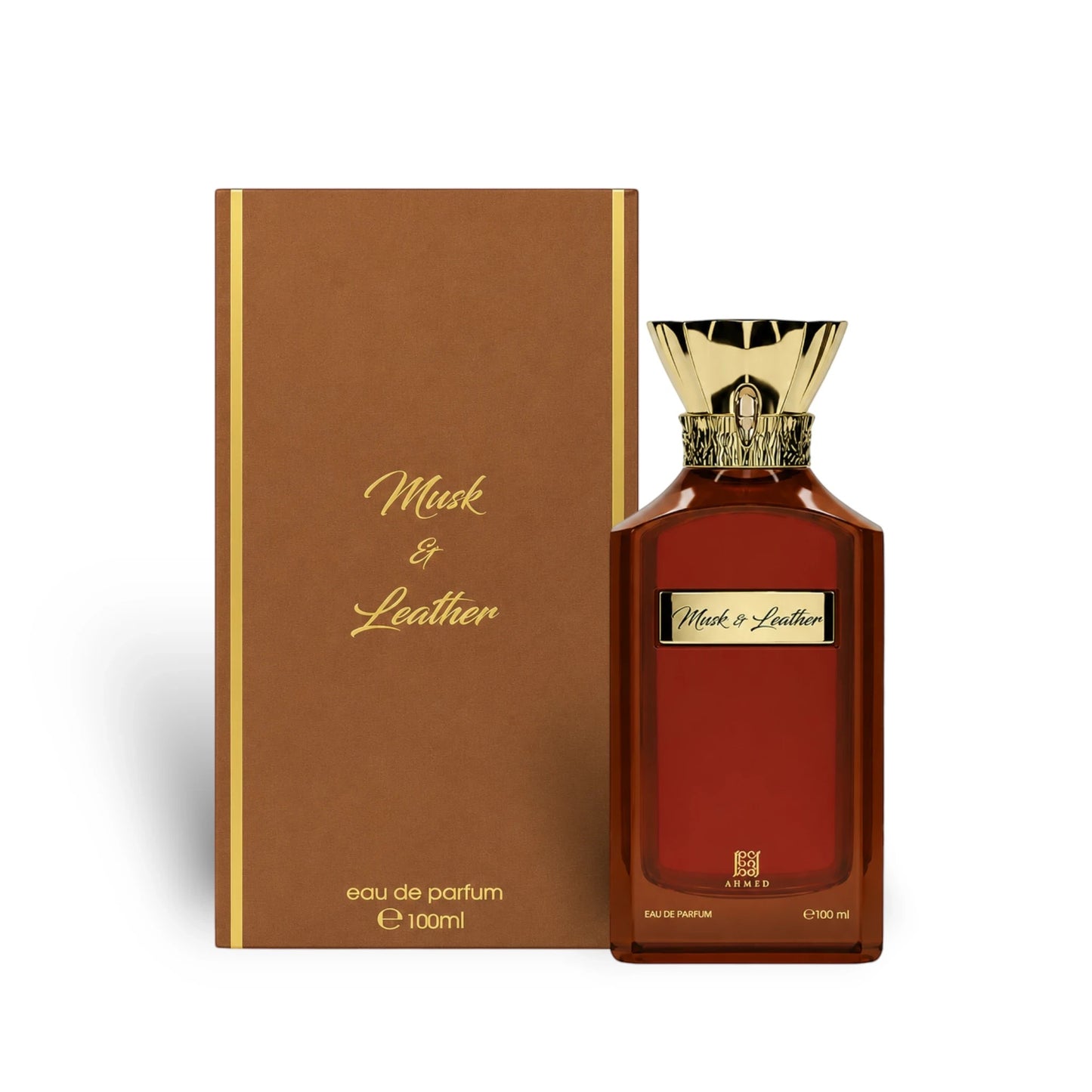 Soghaat Musk And Leather 100ml Eau de Parfum bottle with brown glass and gold cap next to its matching brown box.